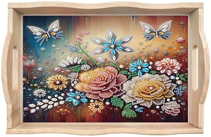 DIY Diamond Serving Tray Diamond Art Painting Creative Design Handmade Wooden Tray Dinner Plate for Coffee Breakfast Home Organizer-Butterfly Flower01