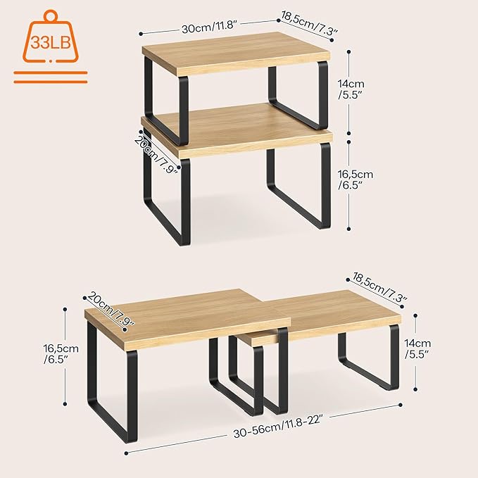 HOOBRO Cabinet Organizer Shelf, Set of 2, Kitchen Countertop Organizer, Kitchen Countertop Shelf, Spice Rack for Counter, Stackable, Expandable for Cabinet, Kitchen, Natural and Black BN33TL01