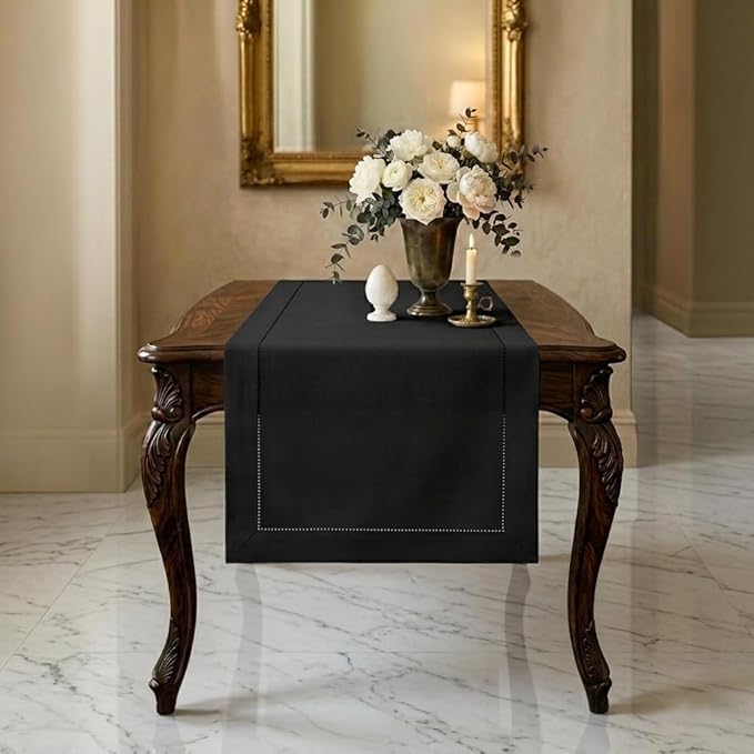 Signature Linen™ by D'Moksha Black Table Runner 36 Inches, 100% Pure Linen, Hemstitch, Coffee Table Runner, 14 x 36 Inch for Dresser Tables- Summer, Father's Day