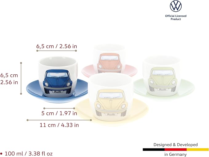 BRISA VW Collection - Volkswagen Espresso Cups Coffee-Tea-Cappuccino Set in Beetle Design (Beetle Front/100ml/3.4 fl oz) (Set of 4 (red, blue, green, yellow)