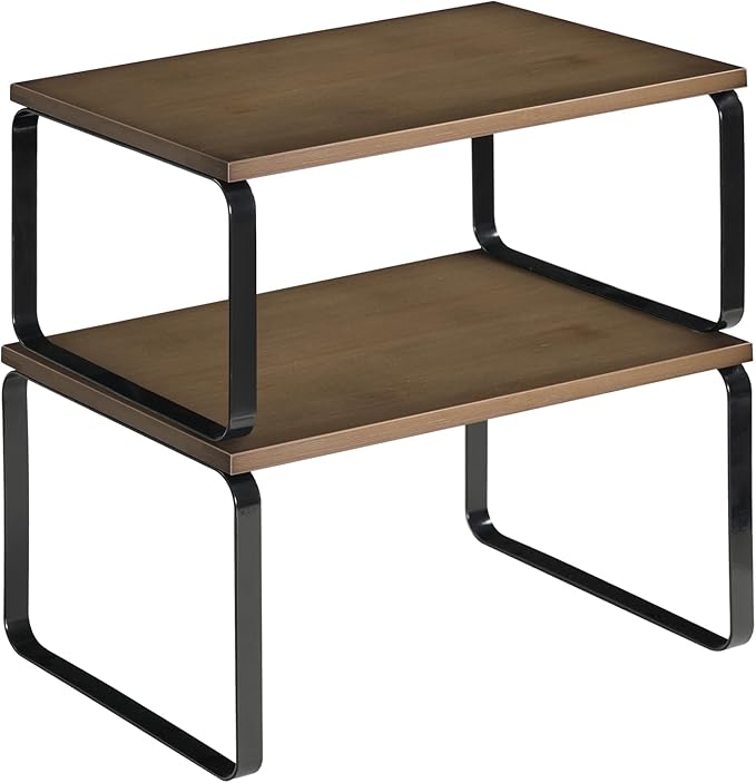 HOOBRO Cabinet Organizer Shelf, Set of 2 Kitchen Counter Shelves, Expandable Kitchen Storage, Stackable Bamboo Spice Rack, for Kitchen, Countertop, Office Desk, Bathroom, Mocha and Black CB30TL01