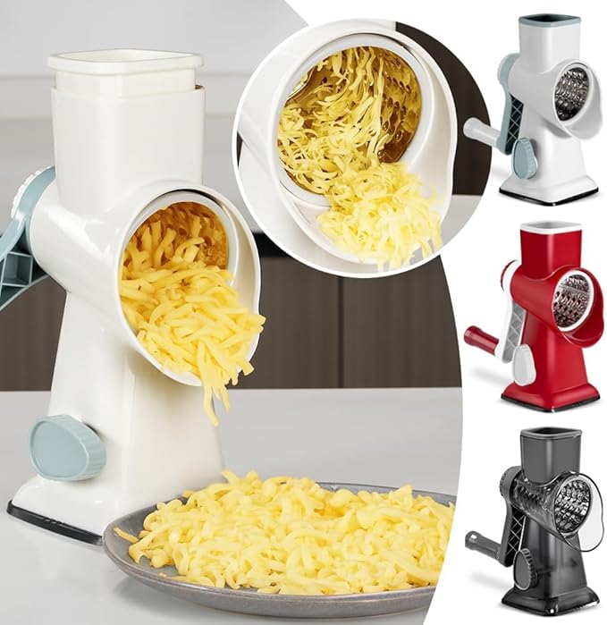 3 in 1 Manual Vegetable Cutter Machine with Stainless Steel Changeable Blades Rotary Cheese Grater Kitchen Tool Potato Slicer Shredder Nuts Chocolate Chopper (White blue)