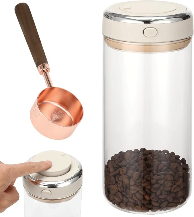 1700ml Glass Coffee Canister with 1/4 Cup Measuring Spoon, Airtight Coffee Bean Storage Jar with One-Way CO₂ Vent, Date Tracking Dial & One-Press Seal Lid, High Borosilicate Glass Jar for Tea Sugar