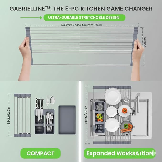 Gabrielline Extra Large Roll Up Dish Drying Rack for Kitchen Sink - 21.6” x 12.7” Stainless Steel Over The Sink Mat with Utensil Caddy & Drip Tray - Heavy Duty Space Saving 5-PC Set