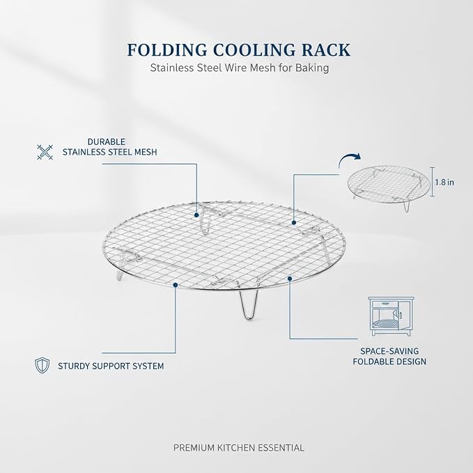 Foldable Stainless Steel Cooling Rack, Round Wire Mesh Baking Stand for Even Airflow, Space-Saving Collapsible Design for Kitchen Storage (10.6 Inch, Silver)