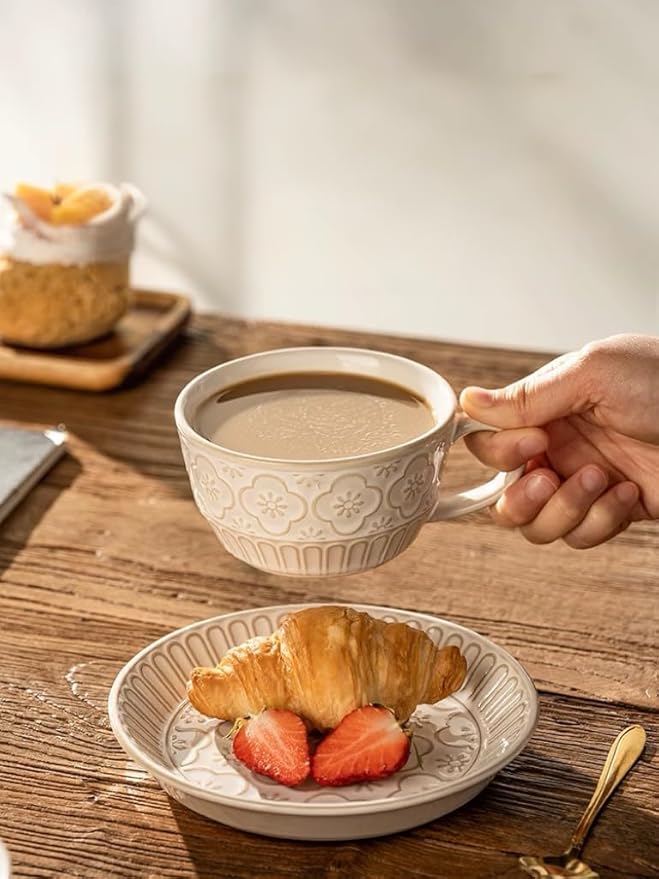 LOWYEPAULHO Cappuccino Cups with Saucers, 5''Ceramic Coffee Cup and Saucer set for Au Lait, Double shot, Latte, Cafe Mocha,Set of 4