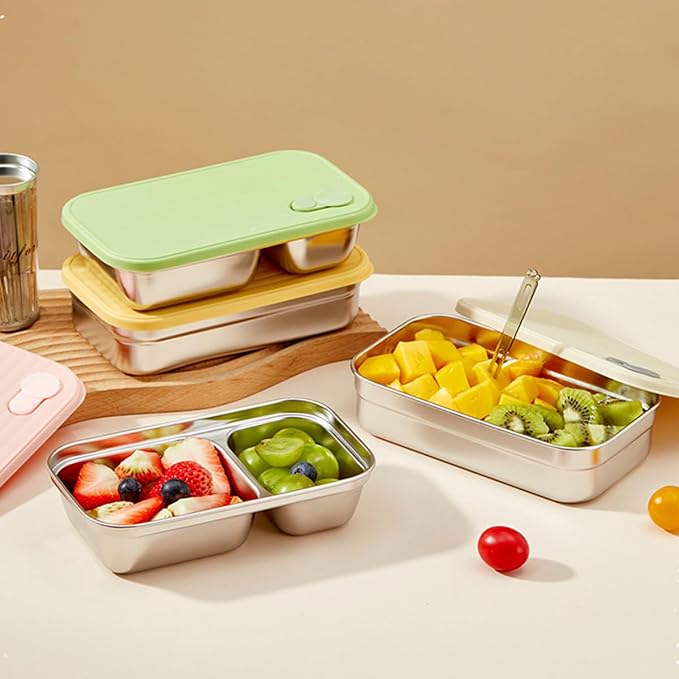 Stainless Steel Snack Containers Individual Household Food Container,Reusable Divided Food Storage Condiment Containers with Lids - Food Lunch Meal Prep Box for Travel Camping (2 Compartment)