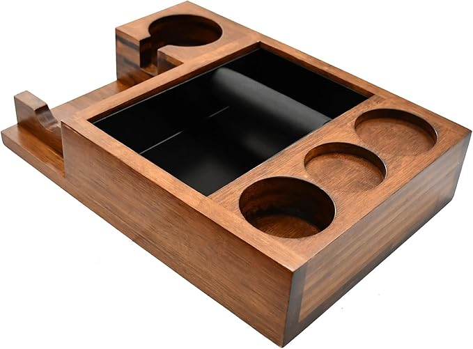 NAVREX 13.4'' Large Espresso Knock Box and Tamping Station, Solid Wood Espresso Accessories Organizer Box for 51MM-58MM Tamper, Distributor, Portafilter, High-Capacity Espresso Coffee Organizer