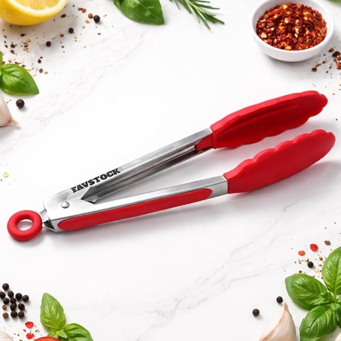 9-Inch Silicone Kitchen Tongs – Heat Resistant Silicone Tips, Stainless Steel Cooking Tongs with Locking Ring – Small Tongs for Cooking, Grilling, BBQ, Serving, Salad & Pasta