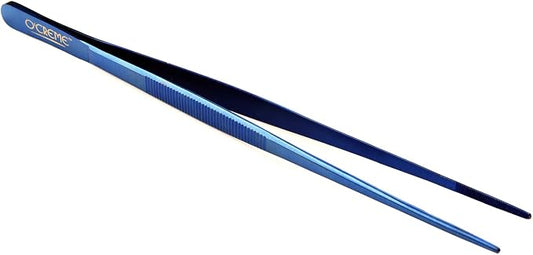 O'Creme Stainless Steel Precision Kitchen Culinary 8 Inch Tweezer Tongs (8" Straight, Blue)