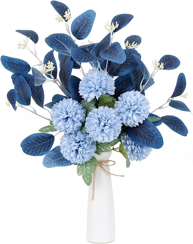 Blue Chrysanthemum Silk Flowers for Decoration Faux Flowers Bouquet for Vase Home Decor Indoor Table Centerpieces Dining Room Floral Arrangement (Without Vase, Dark Blue)