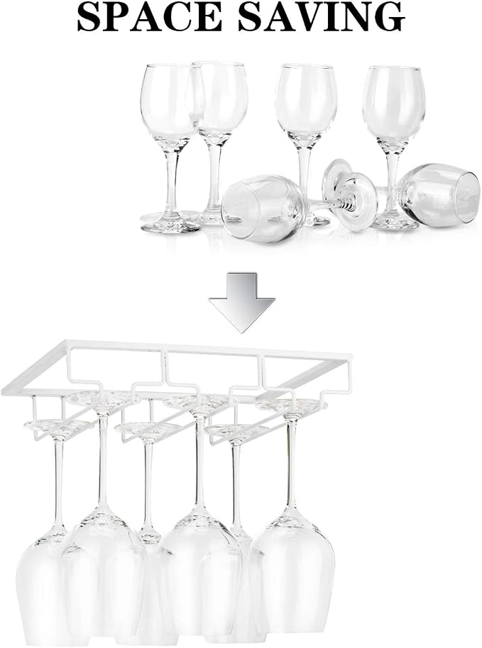 FOMANSH Wine Glass Rack - Under Cabinet Stemware Wine Glass Holder Glasses Storage Hanger Metal Organizer for Bar Kitchen White