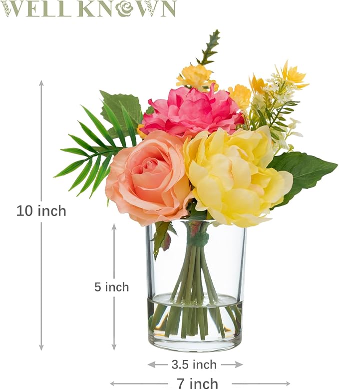 WELL KNOWN Artificial Flowers in Glass Vase, Spring Flowers Silk Rose Peony Bouquet for Home Dining Table, Office, Hotel, Wedding, Party, Lavatory Decor & Birthday Gift (Hot Pink, Coral & Yellow)