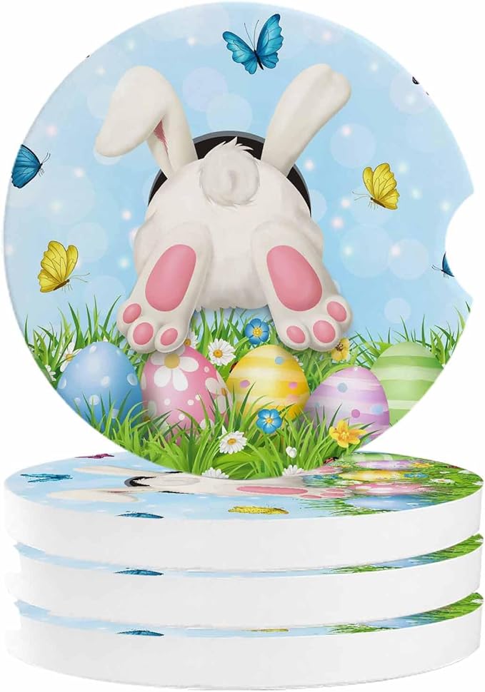 Small Car Coasters for Cup Holders 2.6" Dia Absorbent Coasters Set of 4 Car Interior Accessories for Women Men Watercolor Easter Bunny Butt in Grass Ceramic Car Coaster for Drinks with Finger Grooves