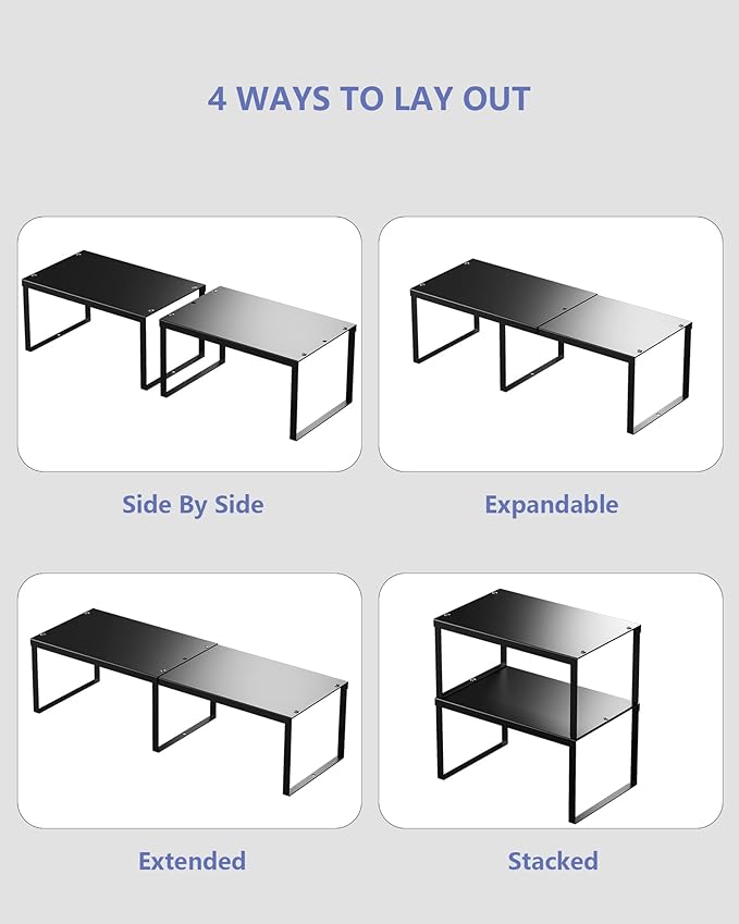 Cabinet Organizer Shelf, Set of 4 Cabinet Shelves, Stackable Metal Kitchen Counter Organizer, Adjustable Countertop Cupboard Pantry Shelf Riser Storage Rack, Black