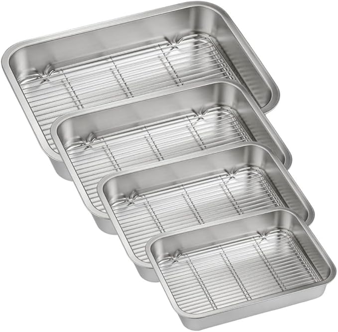 Stainless Steel Baking Pan Tray Set with Cooling Rack for Baking Roasting BBQ Cookies Vegetables Cakes Dishwasher Safe Oven Safe Rust-Resistant Mirror Finish Suitable Size for Kitchen Use(26x20x5cm)