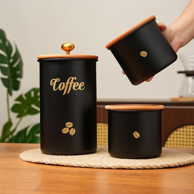 Coffee Canister, 3 pack Large Airtight Coffee Bean Storage Container, Café Grounds Container, Cafe Jar Cafe Holder, Food Storage Container for Flour, Sugar, Tea (Black)