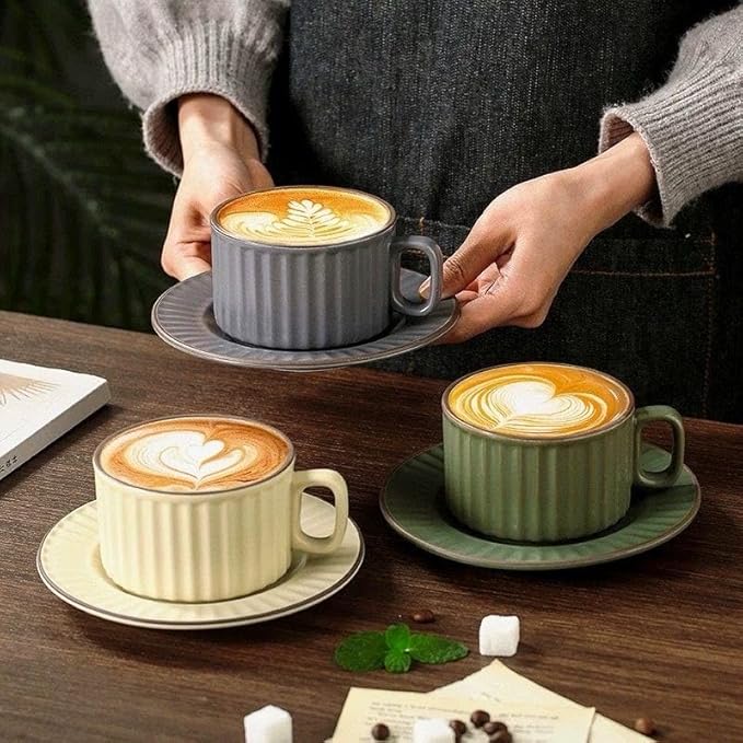 LOWYEPAULHO Cappuccino Cups with Saucers, 8 oz CeramicVertical Stripe Coffee Cup and Saucer set for Au Lait, Double shot, Latte, Cafe Mocha, Set of 4