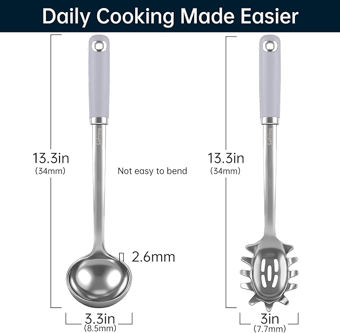 Safring Stainless Steel Soup Ladle and Spaghetti Spoon Set, Heat Resistant Rubber Handle, Dishwasher Safe, Kitchen Utensils for Cooking, Stirring, Serving Pasta, Soup & Sauce (Lavender)