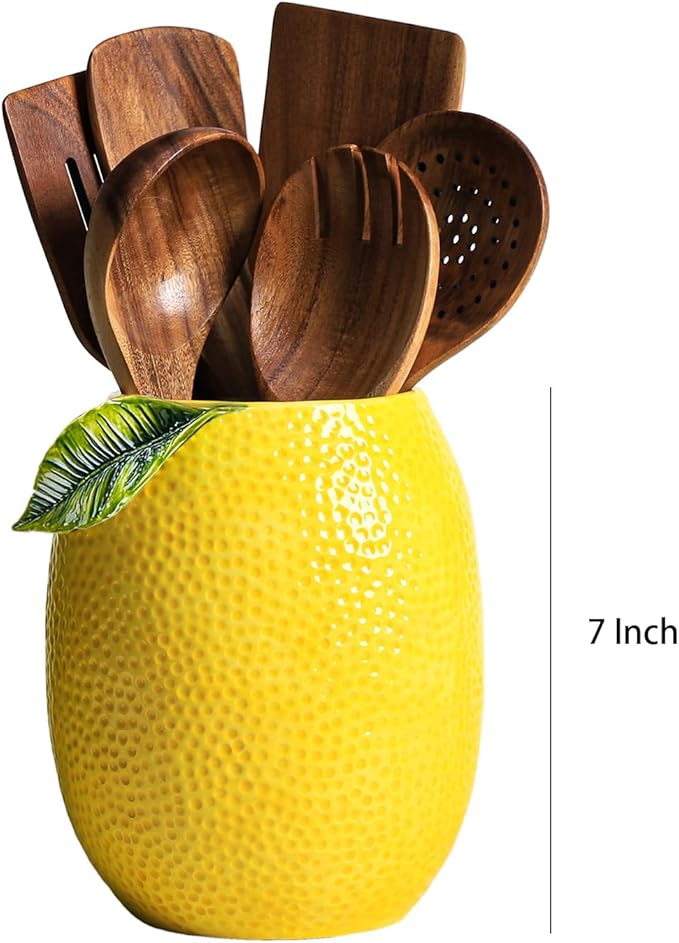 Lemon Shaped Ceramic Kitchen Utensil Holder, Large Cooking Utensil Crocks for Kitchen Countertop, Ceramic Utensil Organizer for Spatula-A