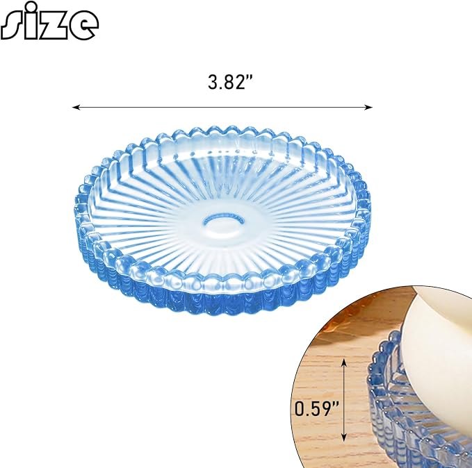 2 Pack Glass Pillar Candle Holders 4 Inch Ribbed Edge Design Decorative Candle Plate with Serrated Edges Clear Blue Display Stand for Wedding Home Decor Table Centerpieces