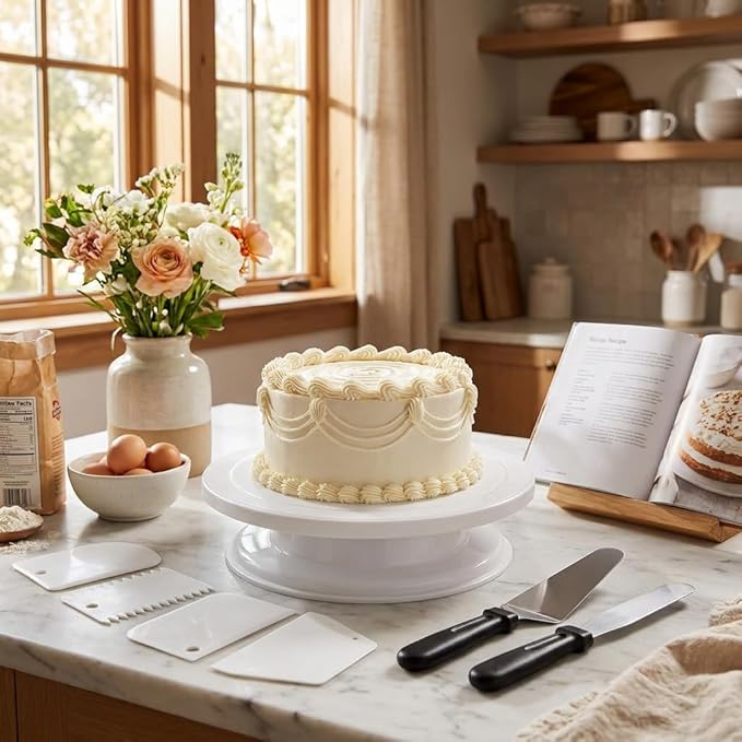 White Cake Decorating Kit with Revolving Cake Turntable, 8-Piece Baking Supplies and Decorating Tools Set including 3 Frosting Spatulas, 4 Icing Smoothers, Gift for Beginners & Pros