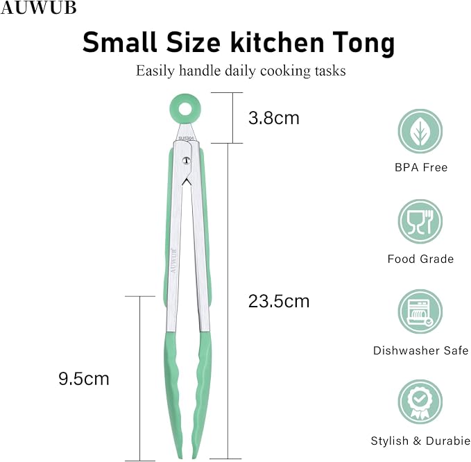 Silicone Salad Tongs, 9 Inch, Pistachio Color | 304 Stainless Steel Core, Non-Slip Grip, For Grilling Salad
