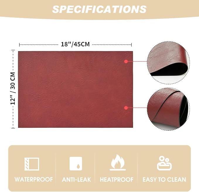 Artoid Mode Red Faux Leather Placemats Set of 6, 12x18 Inch Waterproof Wipeable Heat Resistant Vinyl Place Mats, Reversible Table Mats for Christmas Kitchen Dining Decor