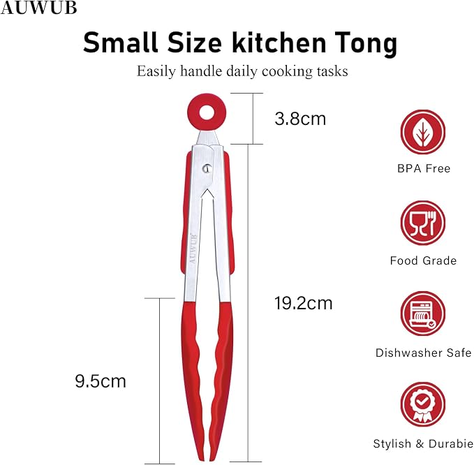 7 Inch Small Silicone Salad Cooking Tongs, Food Serving Tongs with Heat Resistant Non-Slip Grip, Red Color Kitchen Utensils for Salad Charcuterie Board