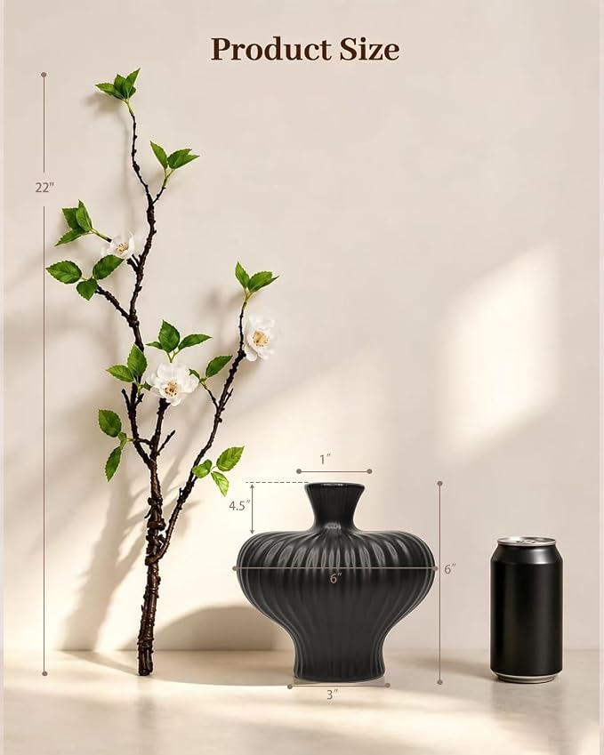 22'' Budded Faux Stem with Vase, 1pcs Artificial Greenery Plant for Centerpiece Table Decorations, Fake Branches in Vase for Farmhouse Living Room Bathroom Office Kitchen Decor - Black