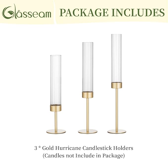 Gold Hurricane Taper Candle Holders: Glasseam 3Pcs Brass Candlestick Holders with Ribbed Glass Cylinder Cover Fluted Tall Candle Sticks Holder Decor for Table Centerpiece Wedding Christmas Decorations