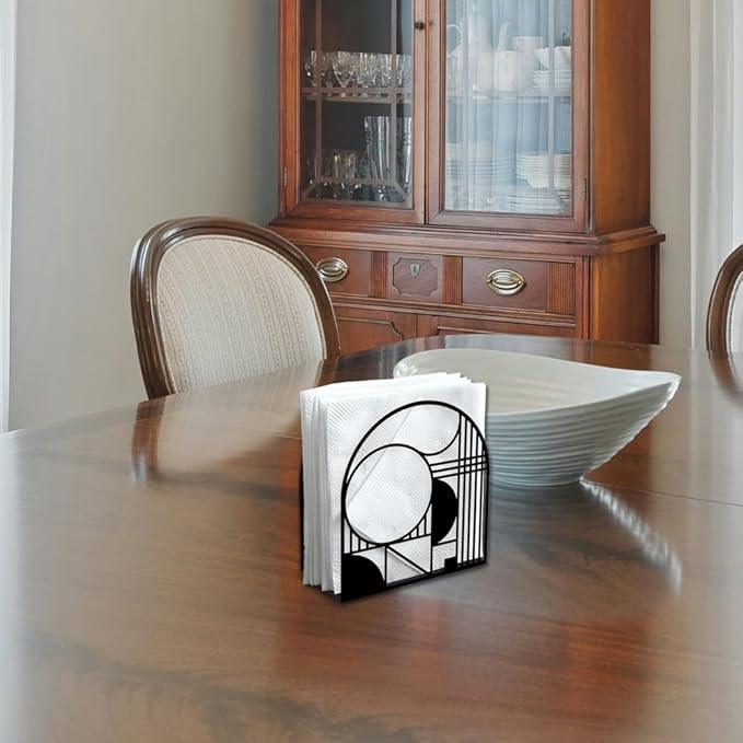 Modern Geometric Decorative Black Metal Napkin Holder for Table, 5.3" x 4.9" x 1.9" Curves Straight Lines Standing Napkin Holder for Home Kitchen Restaurant Picnic Coffee Bar Dining Room