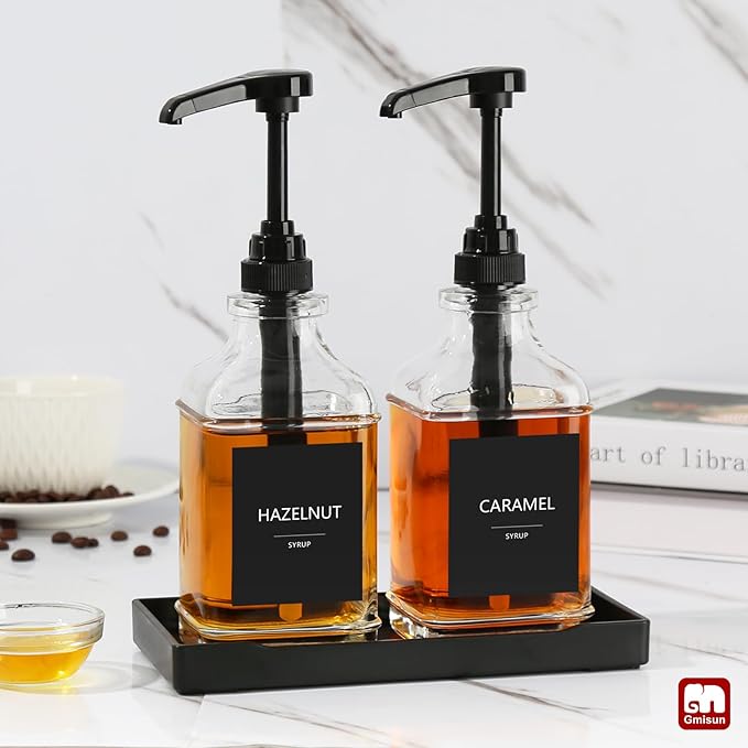 GMISUN Coffee Syrup Dispenser with Tray, 16.9 fl oz Syrup Pump Dispenser for Coffee Bar Accessories, Glass Syrup Bottle for Coffee Bar Essentials, Maple Syrup Bottles with ¼oz Large Capacity Pump