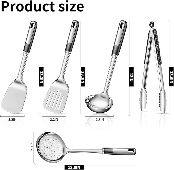 Cooking Utensil Set, Stainless Steel Kitchen Tools Include Solid & Slotted Spatula,Soup Ladle, Heat-Resistant, Dishwasher Safe, Ergonomic Handle