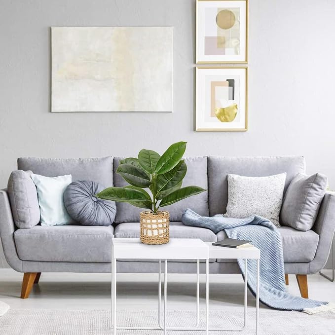 Briful Fake Plants Potted Plant Artificial Realistic Houseplant in White Ceramic Vase Wrapped Woven Pot, Fiddle Leaf Fig Faux Plant Indoor for Home Farmhouse Wedding Living Room Shelf Decor