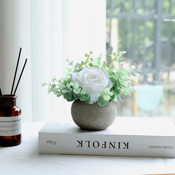Small Artificial White Rose Potted Plant, 6" Fake Silk Flowers in 3.5" Round Pot, Mini Faux Floral Arrangement for Desk Shelf Bathroom Decor