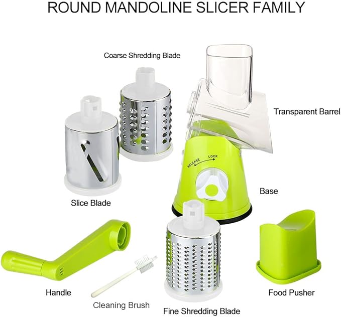Cambom Rotary Cheese Grater Hand Crank Cheese Shredder for Fresh Cheese, Vegetable, Nuts,Non-slip Suction Base，Three Blades,Green
