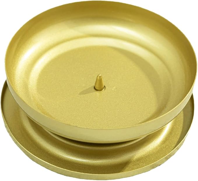 Gold Iron Plate Candle Holder, Golden Metal Pillar Candle Plate with Spike, Easy Candle Installation Ideal for Wax & LED Candle Gardens, Spa, Aromatherapy, Wedding, Party