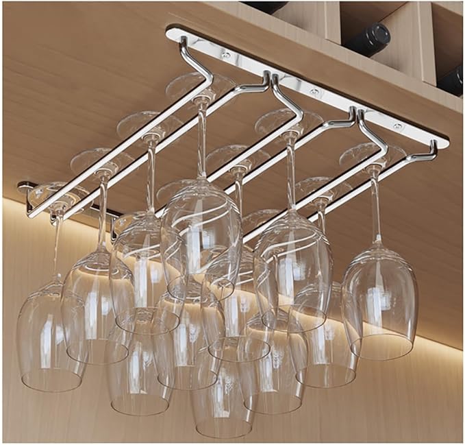 CAKERS Under Cabinet Hanging Stemware Display Rack|304 Stainless Steel Wine Glass Holder|Wine Glass Storage Organizer Hanger,3 Rows,35cm(13.7in)