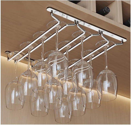 CAKERS Under Cabinet Hanging Stemware Display Rack|304 Stainless Steel Wine Glass Holder|Wine Glass Storage Organizer Hanger,3 Rows,35cm(13.7in)