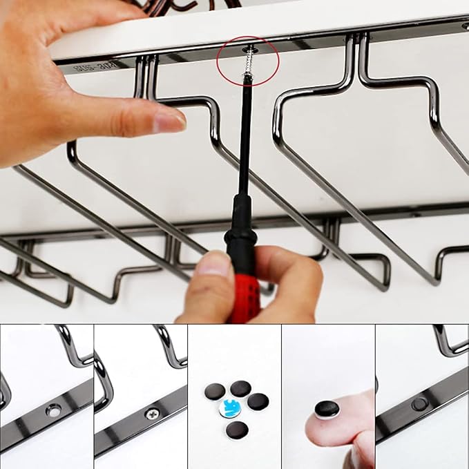 Black Wine Glass Rack - Under Cabinet Stemware Rack, Holds up to 14 Glasses, Hanging Stemware Holder, Stainless Steel Glasses Storage Hanger for Home Kitchen Bar