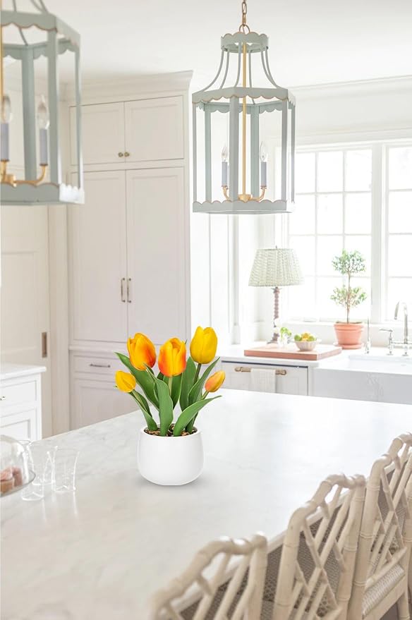 Hollyone Yellow Tulips Artificial Flowers in Vase Fake Tulips Silk Flowers Arrangements Faux Tulip Bulbs with Ceramic Pot Tulip Potted Plants Floral Bouquet for Home Decor Table Centerpiece Decoration