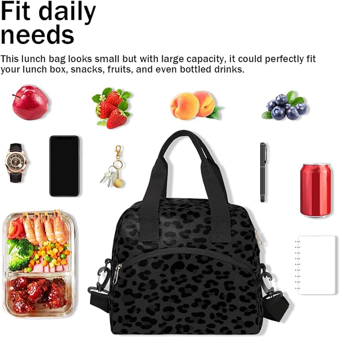 Pardick Leopard Cheetah Black Insulated Lunch Bag for Women Leakproof Lunch Box Large Cooler Thermal Tote Bag with Shoulder Strap Meal Prep Bags for Work School Office Picnic Teen Girls Adult