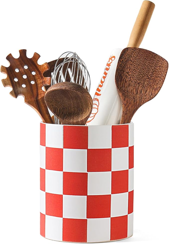 Utensil Holder, 7.2 Inch Checkered Utensil Holder, Ceramic Cooking Utensil Spoon/Spatula Holder for Countertop, Kitchen Decor and Accessories for counte(Red)