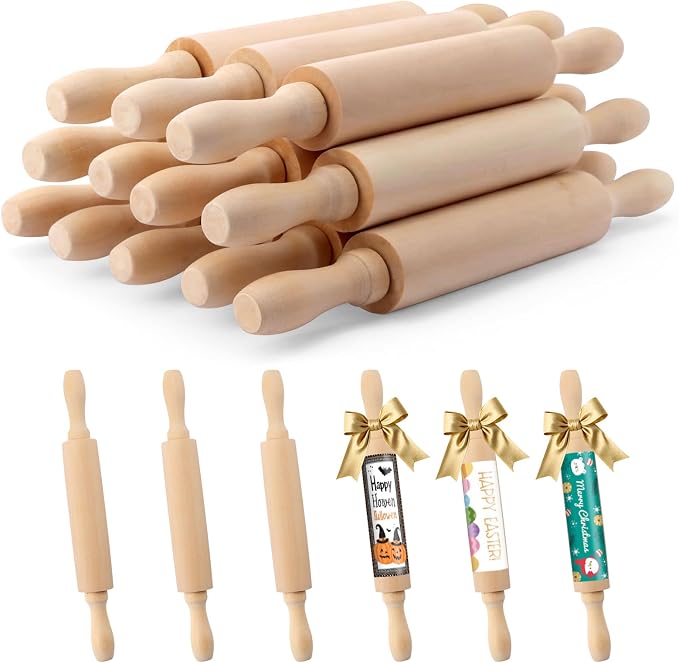 12 Pack 8 Inch Mini Wood Rolling Pin,Great for Children Kids Girls and Boys,Small Wooden Rollers for Art and Crafting,Baking,Cookie Dough,Cooking,Clay,Play Doh