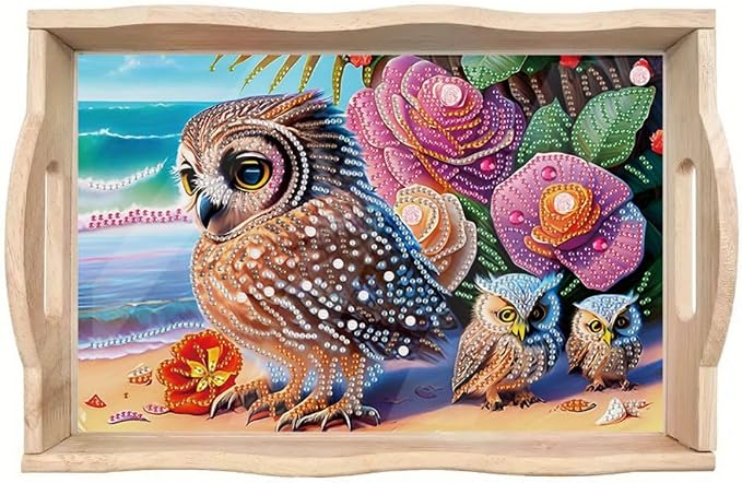DIY Diamond Serving Tray Rectangular Breakfast Tray with Handle Handmade Diamond Art Painting Wooden Tray for Dinner Plate Coffee Room Living Home Organizer-Owl03