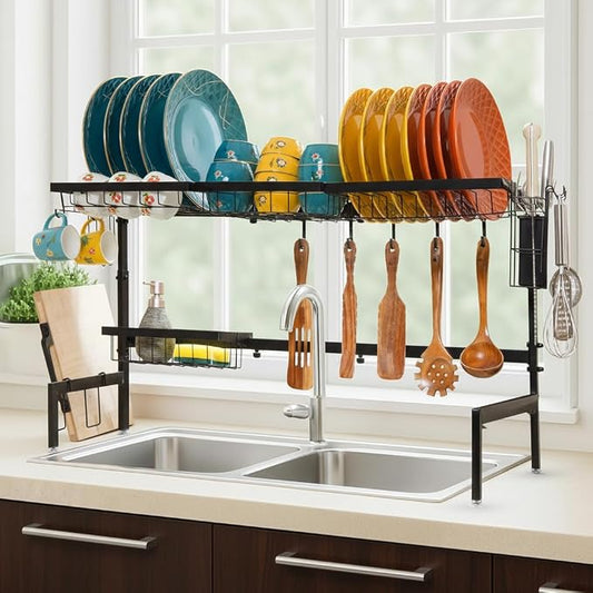 Over The Sink Dish Drying Rack - Adjustable 26.8"-34.6" Stainless Steel Large Dish Rack Over Sink Drying Rack with Utensil Holder, Black