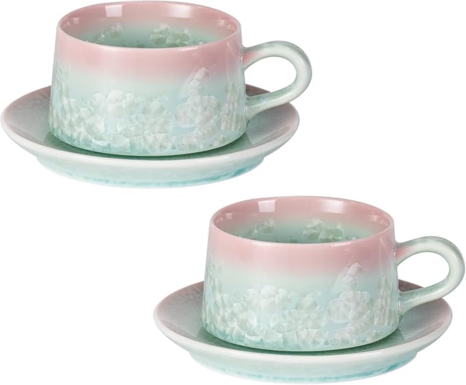 KAMMAK Tea Cups and Saucers set of 2, Porcelain Coffee Cups, 7.7oz Crystalline Glaze Espresso Mugs, Ceramic Demitasse for Coffee, Cappuccino, Latte, Americano, Tea (Pink and Green)