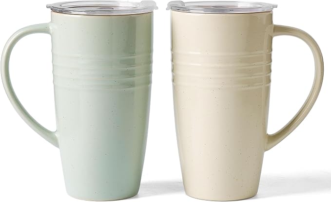 famiware Jupiter Large Coffee Mug, 20oz Coffee Mug with Lid, Ceramic Mugs Set of 2, Cup Set with Handle for Latte, Tea, Cocoa, Milk, Microwave and Dishwasher Safe, Light Green and Vanilla White