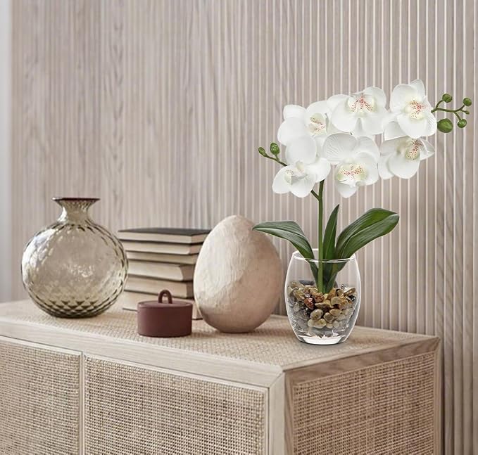 White Orchids Artificial Flowers with Vase, Small Faux Orchid Arrangement Set of 2 Fake Flowers in Glass Vases Small White Centerpieces for Kitchen Dining Room Tables Bathroom Nightstand Shelf Decor